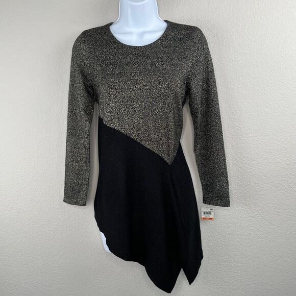 Alfani Black Gold Metallic Knit Colorblock Asymmetrical Sweater Petite Small NWT - Picture 13 of 14